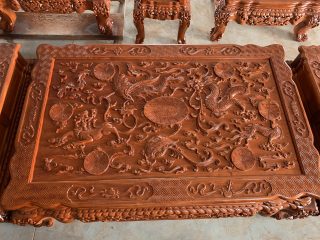 Bộ bàn ghế rồng khuỳnh nghê đỉnh 12 món gỗ hương đá (Chú Sự, Nam Định)