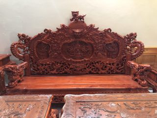 Bộ bàn ghế rồng khuỳnh nghê đỉnh 12 món gỗ hương đá (Chú Sự, Nam Định)