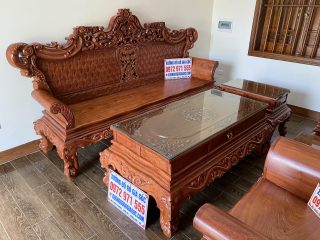 Bộ bàn ghế Hoàng Gia v3 chân 14cm gỗ hương đá đục sâu 1.5cm (Chú Tiệp, Bắc Ninh)