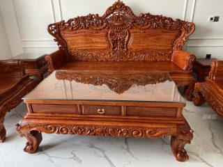 Bộ bàn ghế phòng khách gỗ hương đá mẫu Hoàng Gia chân 16cm 6 món (Chị Loan, Quảng Ninh)
