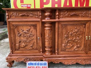 Kệ tivi 2m4 cột nho con sóc gỗ hương đá đục tứ quý siêu đẹp (Chị Thủy, Nam Định)