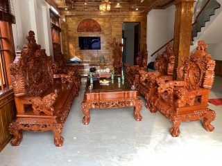 Bộ bàn ghế rồng đỉnh 10 món gỗ hương đá đục siêu đẹp (Anh Thế, Hải Dương)