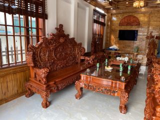 Bộ bàn ghế rồng đỉnh 10 món gỗ hương đá đục siêu đẹp (Anh Thế, Hải Dương)
