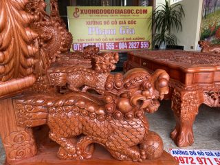 Bàn ghế rồng đỉnh gỗ hương đá tay 16 chân 16 hàng liền khối đục tay 2 mặt