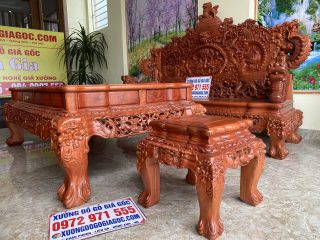 Bàn ghế rồng đỉnh gỗ hương đá tay 16 chân 16 hàng liền khối đục tay 2 mặt