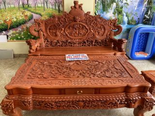 Bàn ghế rồng đỉnh gỗ hương đá tay 16 chân 16 hàng liền khối đục tay 2 mặt