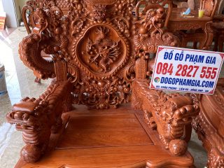 Bàn ghế rồng đỉnh gỗ hương đá tay 16 chân 16 hàng liền khối đục tay 2 mặt