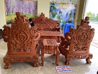 Bàn ghế rồng đỉnh gỗ hương đá tay 16 chân 16 hàng liền khối đục tay 2 mặt
