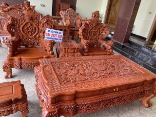 Bàn ghế rồng đỉnh gỗ hương đá tay 16 chân 16 hàng liền khối đục tay 2 mặt