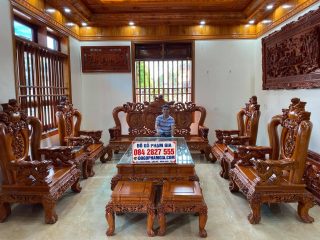 Bộ bàn ghế Nghê Bảo Đỉnh tay cột 14cm gỗ hương đá 10 món siêu vip (Anh Khánh, Sơn La)
