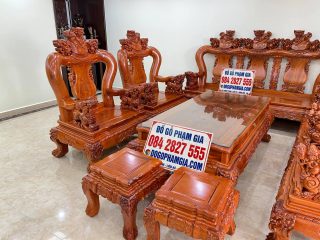 Bộ bàn ghế phòng khách Nghê đỉnh 3 đầu gỗ hương đá 10 món (Anh Sơn, Hà Nội)