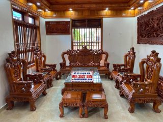 Bộ bàn ghế Nghê Bảo Đỉnh tay cột 14cm gỗ hương đá 10 món siêu vip (Anh Khánh, Sơn La)
