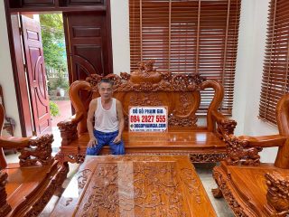 Bộ bàn ghế Nghê Bảo Đỉnh tay cột 14cm gỗ hương đá siêu vip (Bác Đua, Hà Nam)