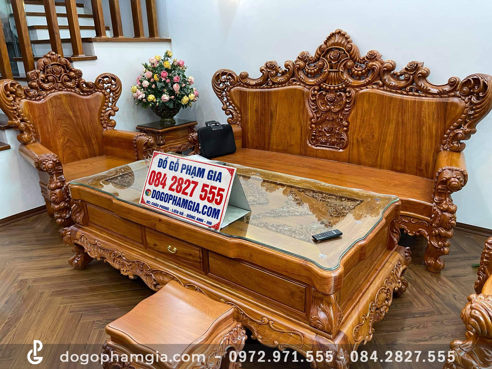 Bộ bàn ghế Hoàng Gia tân cổ điển nguyên khối gỗ hương đá (Anh Công ...