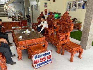 Bộ bàn ghế Rồng Khuỳnh Nghê Đỉnh gỗ hương đá tay cột 12cm (Anh Dương, Lai Châu)