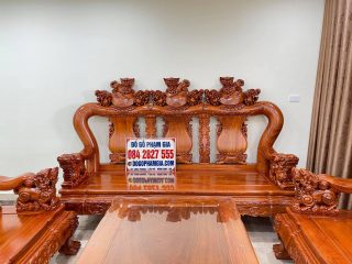 Bộ bàn ghế phòng khách Nghê đỉnh 3 đầu gỗ hương đá 10 món (Anh Sơn, Hà Nội)
