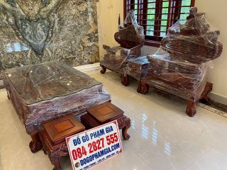 Bộ bàn ghế Rồng Đỉnh gỗ hương đỏ Lào 12 món tay cột 16cm (Chị Nhung, Bắc Ninh)