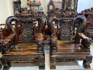 Bộ bàn ghế Minh Nghê tay cột 16 gỗ mun hoa Lào 10 món hàng đẹp