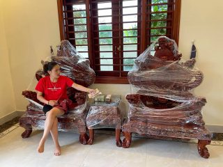 Bộ bàn ghế Rồng Đỉnh gỗ hương đỏ Lào 12 món tay cột 16cm (Chị Nhung, Bắc Ninh)