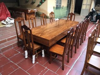 Bộ bàn ăn 10 ghế xẻ quạt gỗ hương xám