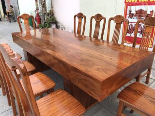 Bàn ăn đóng hộp giả nguyên khối gỗ hương đá màu nâu đỏ