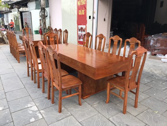 bàn ăn đóng hộp 10 ghế xẻ quạt gỗ xoan đào