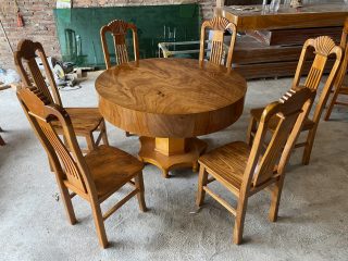 Bàn ăn tròn đóng hộp 6 ghế xẻ quạt gỗ hương xám