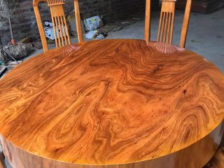 Bàn ăn tròn đóng hộp giả nguyên khối gỗ hương xám