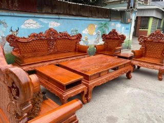 Bàn ghế hoàng gia chương liền đục 2 mặt gỗ hương đá