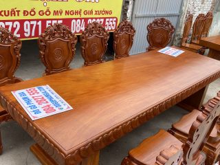 bàn ăn chữ nhật nguyên khối 10 ghế gỗ gõ đỏ