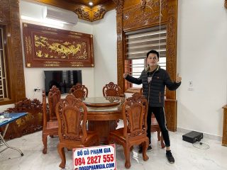 bàn ăn tròn 8 ghế đục tay hồng hạc