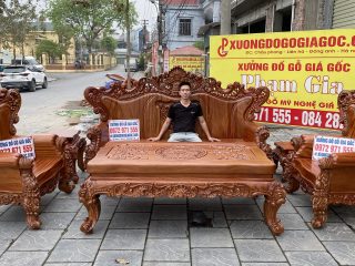 bàn ghế louis hoàng gia nguyên khối 6 món gỗ hương đá