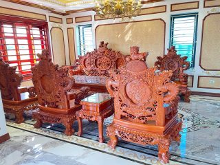 bàn ghế rồng đỉnh gỗ hương đá đục tay 2 mặt