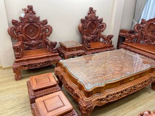 bàn ghế rồng khuỳnh nghê đỉnh gỗ hương đá