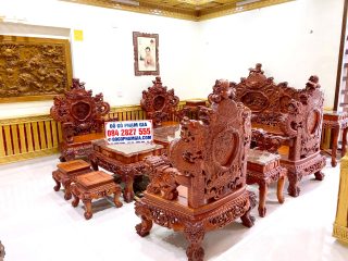mẫu bàn ghế rồng đỉnh gỗ hương đỏ đục tay 2 mặt