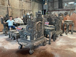 bàn ghế rồng đỉnh gỗ mun hoa lào hàng đục tay 2 mặt