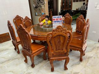 bàn ăn tròn 9 ghế gỗ hương đá