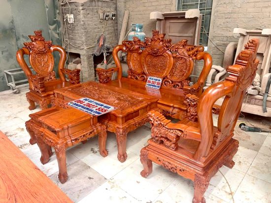 bàn ghế nghê phượng tay cột 12 gỗ hương đá