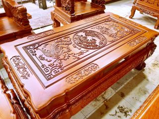 bàn trà gỗ hương đá đục trống đồng