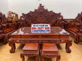 bàn ghế rồng khuỳnh nghê đỉnh 12 món gỗ hương dđỏ Lào