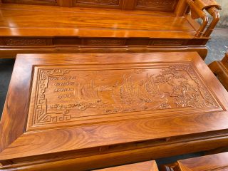 bàn trà gỗ gõ đỏ đục tranh phong thủy