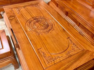 bàn trà gỗ gõ đỏ đục trống đồng