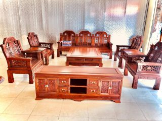 combo bàn ghế phòng khách và kệ tivi gỗ hương Lào