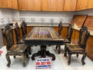 bàn ăn gỗ mun hoa Lào
