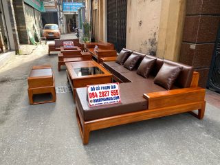 sofa góc gỗ gõ đỏ kết hợp đệm da