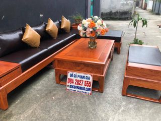 sofa góc gỗ hương đá kết hợp đêm da