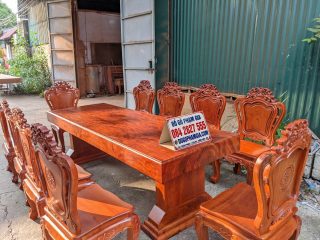 bàn ăn chữ nhật kết hợp 10 ghế louis hoàng gia