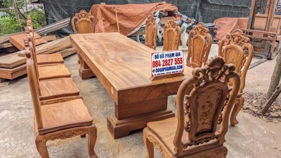bộ bàn ăn nguyên khối gỗ gõ đỏ 10 ghế