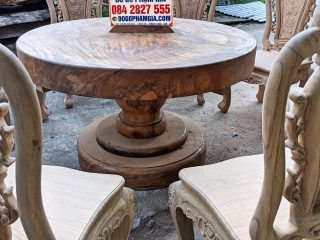bàn tròn mặt nguyên khối gỗ gõ đỏ