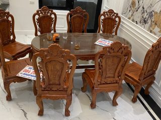 mẫu bàn ăn 8 ghế louis gỗ hương đá